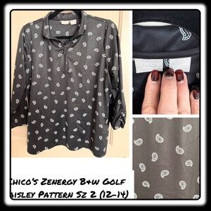 Chico’s RARE  Zenergy black & white paisley golf blouse L/W sz 2 (12-14)